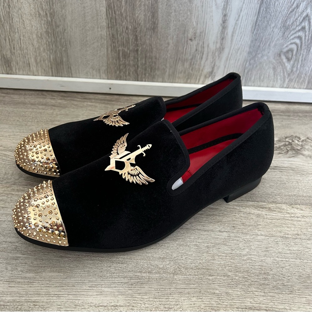 New JITAI Loafer Slip-On Shoe Mens 9 Velvet Black Gold Luxury Party Wedding